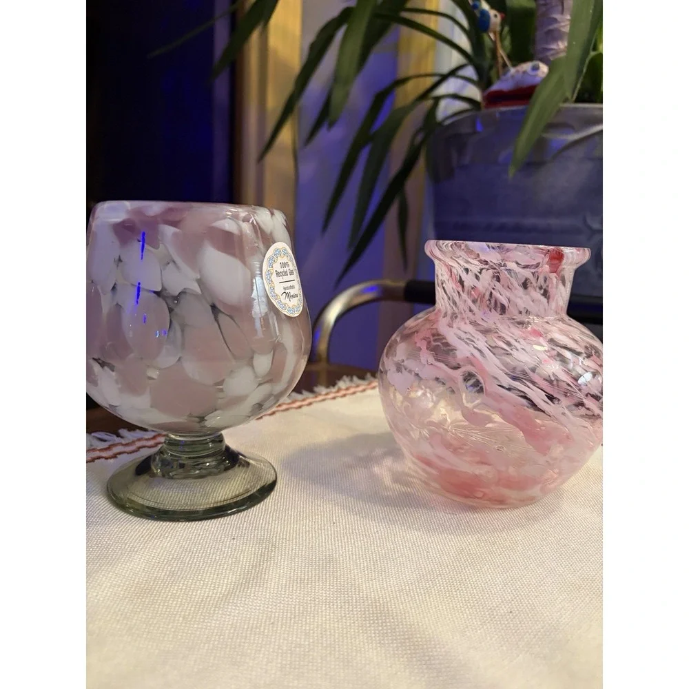 Vintage Hand Blown Pink White Swirl Art Glass Vase - Flawless Condition